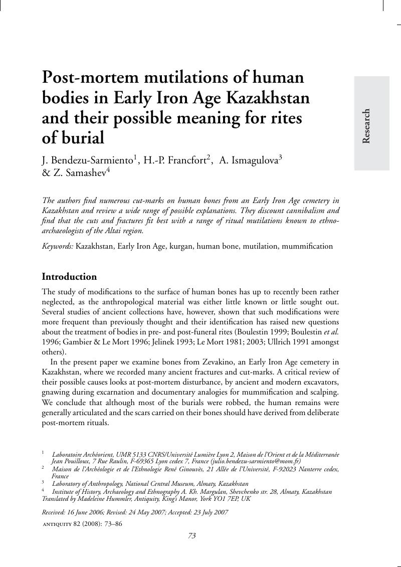 Post Mortem Mutilations Of Human Bodies In Early Iron Age