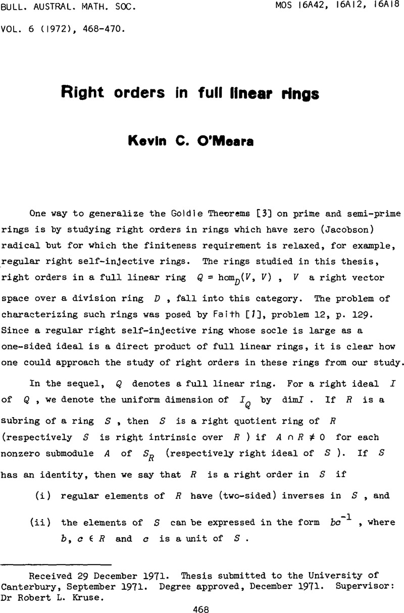 Right Orders In Full Linear Rings Bulletin Of The Australian Mathematical Society Cambridge Core