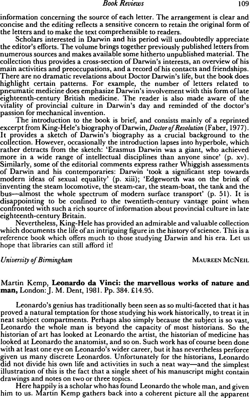 Biography - Martin Kemp, Leonardo da Vinci: marvellous works of nature and man, London: J. M. Dent, 1981. Pp. 384. £14.95. | The British Journal for the History of Science | Cambridge Core