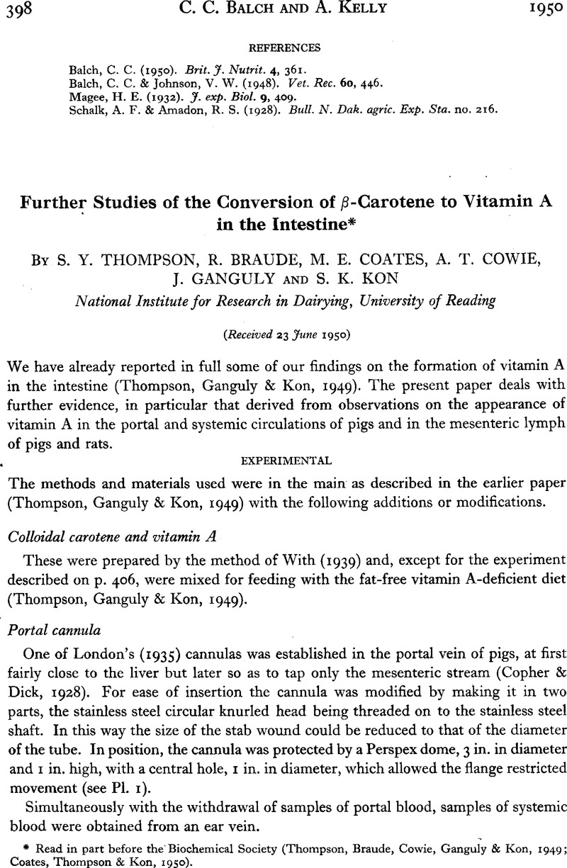 Further Studies Of The Conversion Of B Carotene To Vitamin A In The Intestine British Journal Of Nutrition Cambridge Core