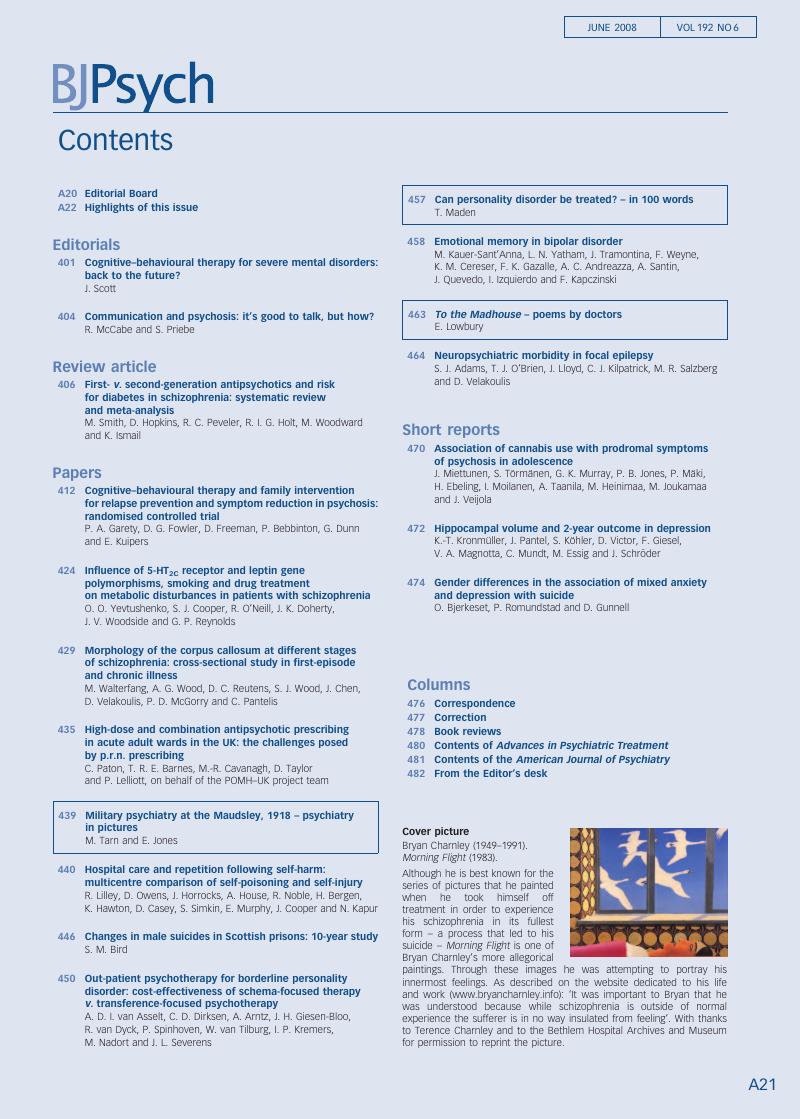 Bjp Volume 192 Issue 6 Cover And Front Matter The British Journal Of Psychiatry Cambridge Core