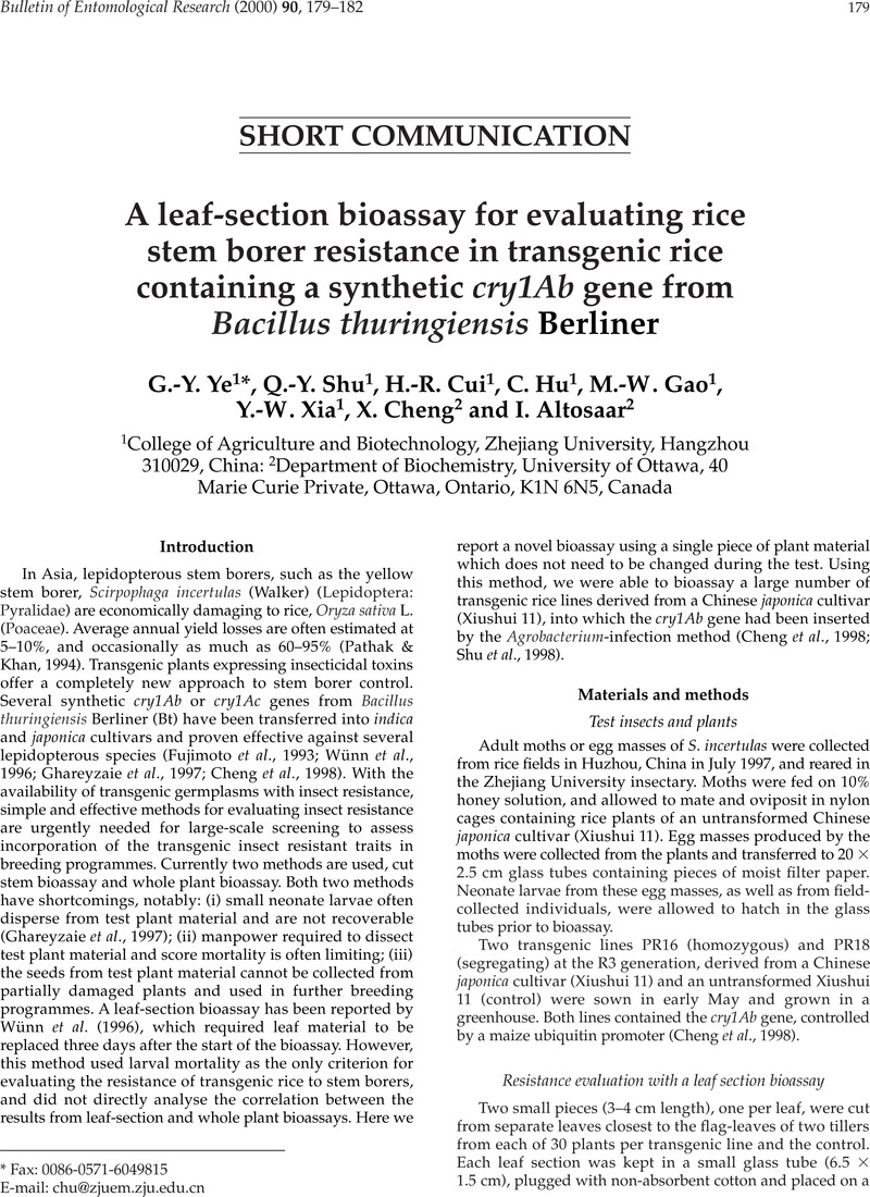 A Leaf Section Bioassay For Evaluating Rice Stem Borer Resistance In Transgenic Rice Containing A Synthetic Cry1ab Gene From Bacillus Thuringiensis Berliner Bulletin Of Entomological Research Cambridge Core