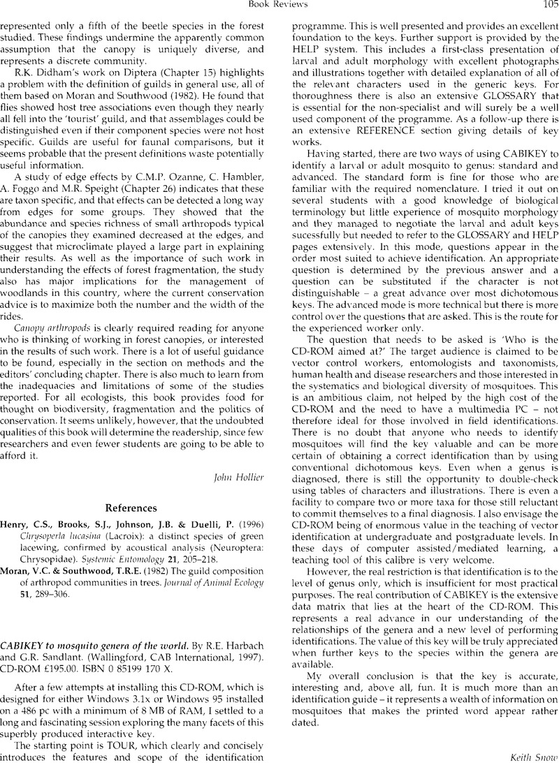 Cabikey To Mosquito Genera Of The World By R E Harbach And G R Sandlant Wallingford Cab International 1997 Cd Rom 195 00 Isbn 0 170 X Bulletin Of Entomological Research Cambridge Core