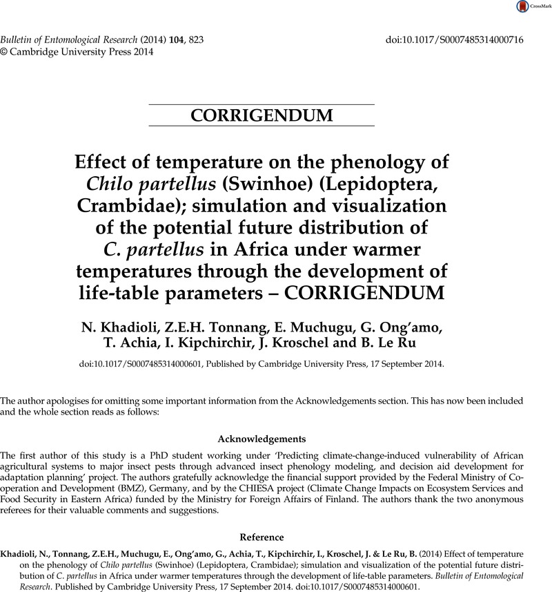 Effect Of Temperature On The Phenology Of Chilo Partellus Swinhoe Lepidoptera Crambidae Simulation And Visualization Of The Potential Future Distribution Of C Partellus In Africa Under Warmer Temperatures Through The Development Of