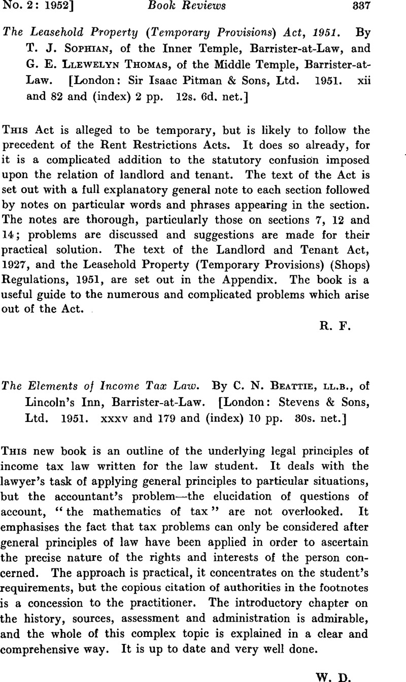 The Leasehold Property Temporary Provisions Act 1951 By T J Sophian Of The Inner Temple Barrister At Law And G E Llewelyn Thomas Of The Middle Temple Barrister At Law London Sir Isaac Pitman Sons
