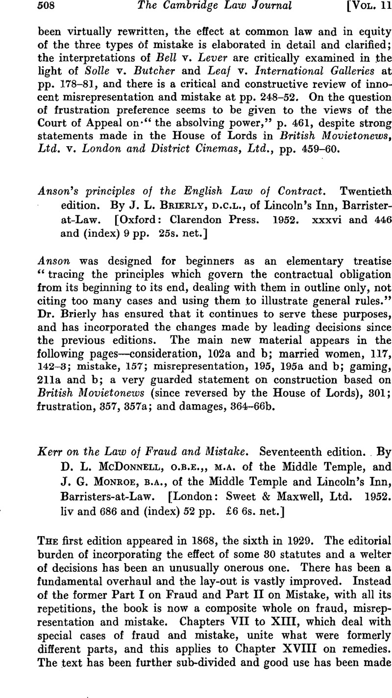Anson S Principles Of The English Law Of Contract Twentieth Edition By J L Brierly D C L Of Lincoln S Inn Barrister At Law Oxford Clarendon Press 1952 Xxxvi And 446 And Index 9 Pp 25s Net