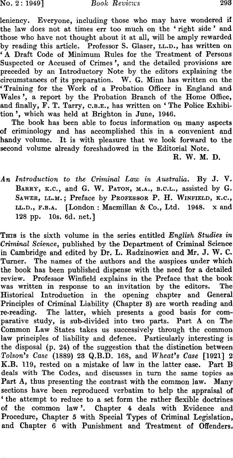 An Introduction To The Criminal Law In Australia By J V Barry K C And G W Paton M A B C L Assisted By G Sawer Ll M Preface By Professor P H Winfield K C Ll D