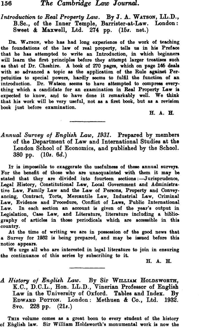 Annual Survey Of English Law 1931 Prepared By Members Of The Department Of Law And International Studies At The London School Of Economics And Published By The School 380 Pp 10s 6d