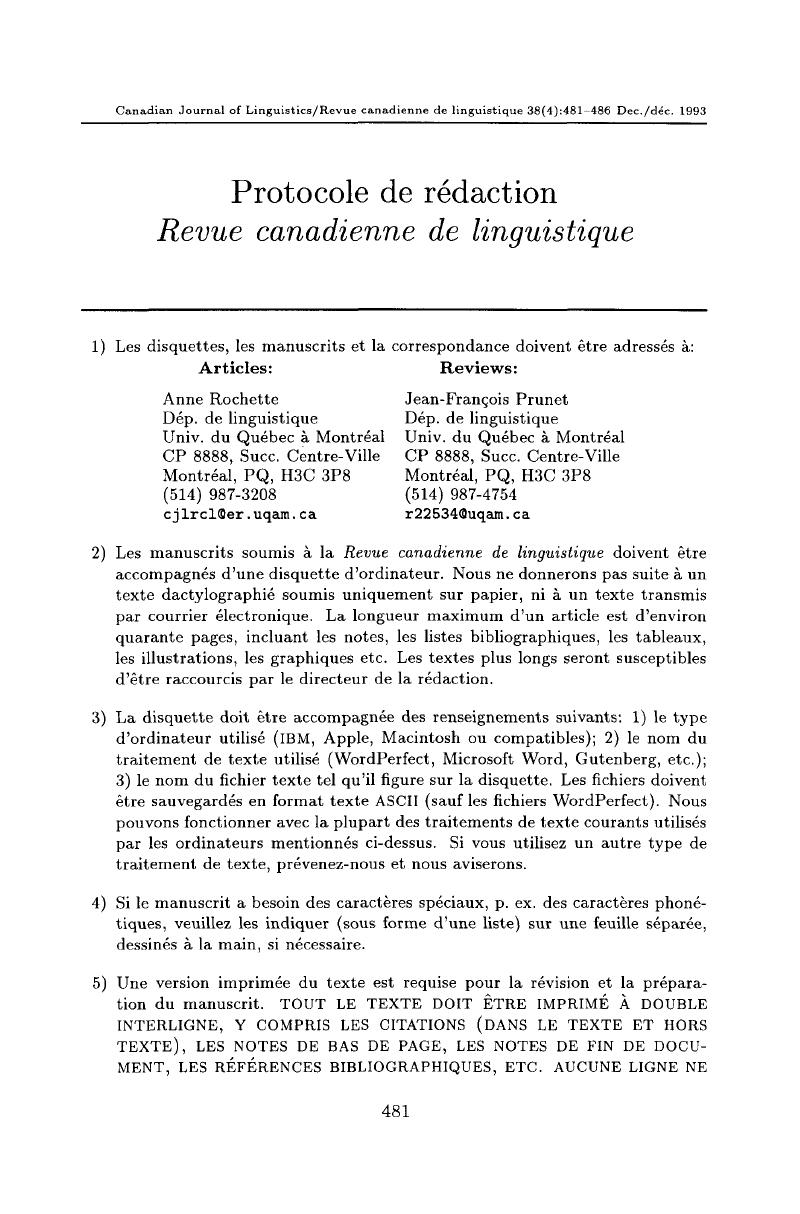 Protocole De Redaction Revue Canadienne De Linguistique Canadian Journal Of Linguistics Revue Canadienne De Linguistique Cambridge Core