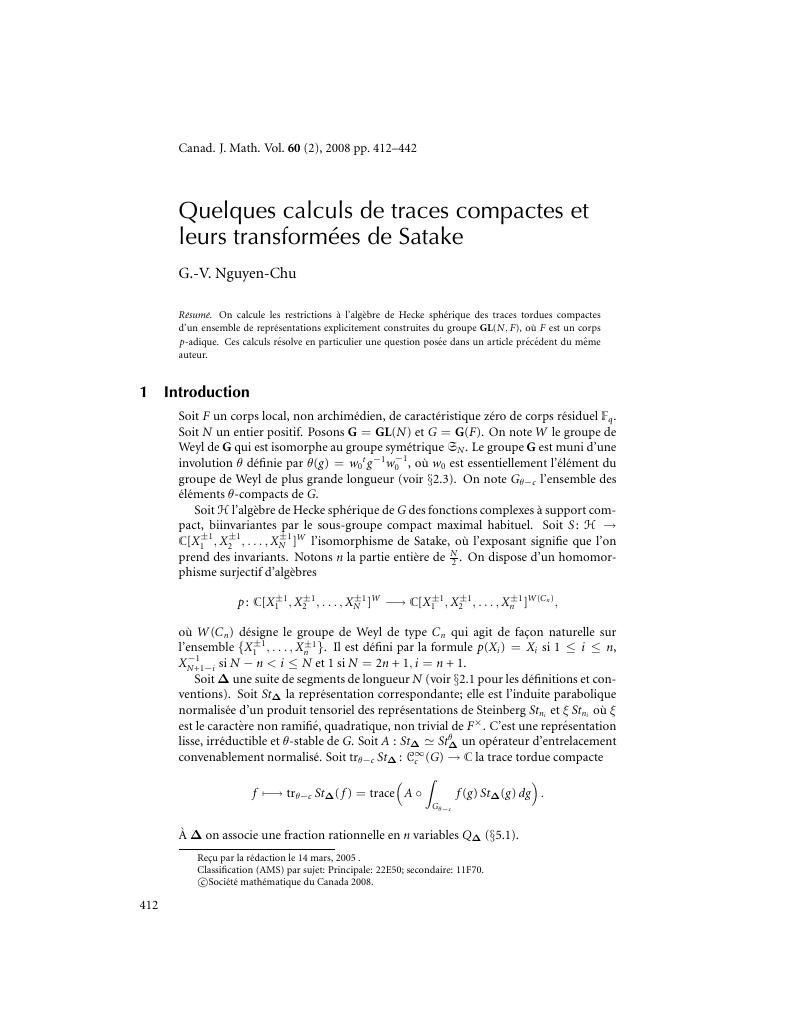 Quelques Calculs De Traces Compactes Et Leurs Transformees De Satake Canadian Journal Of Mathematics Cambridge Core