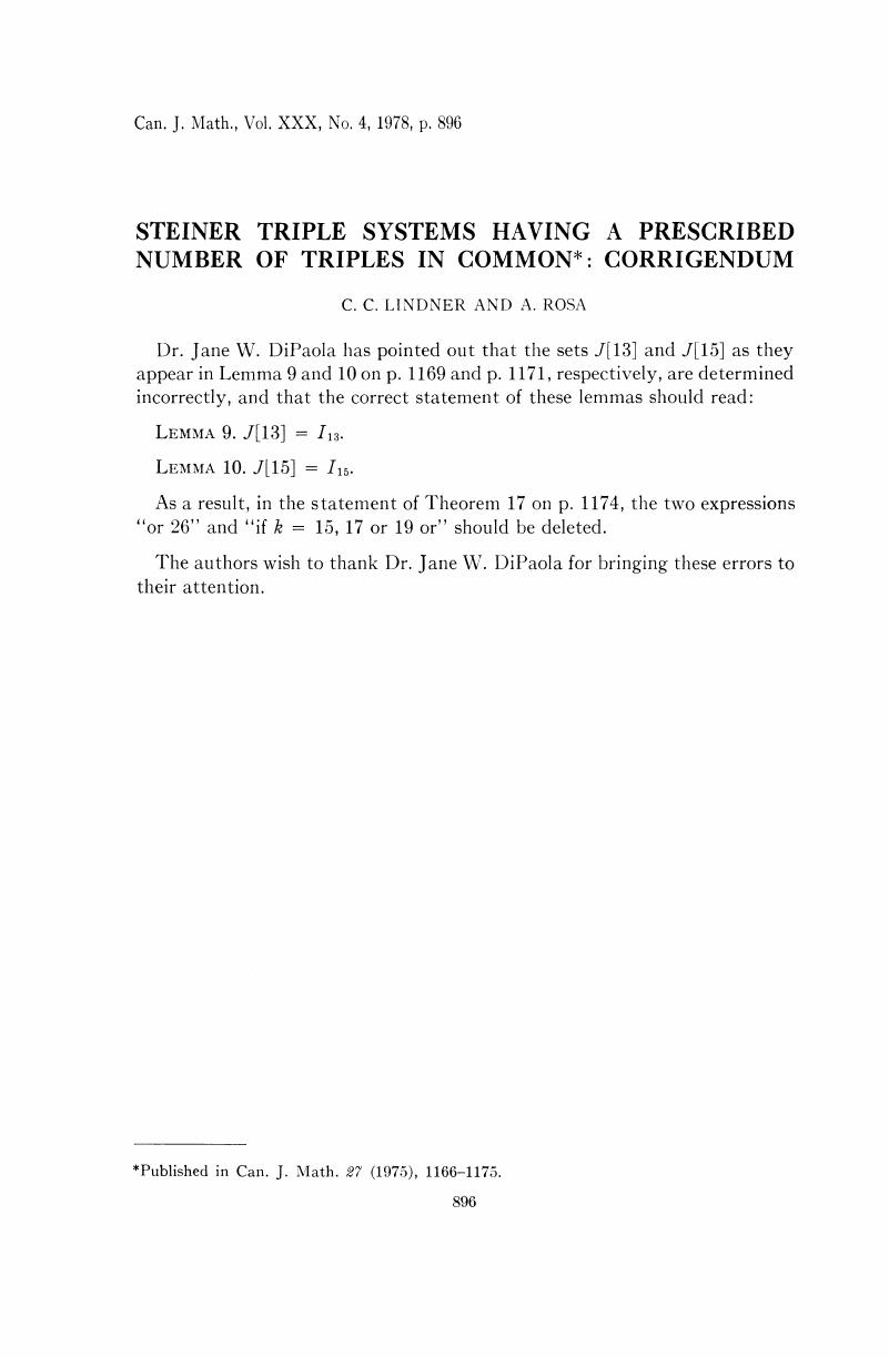 Steiner Triple Systems Having A Prescribed Number Of Triples In Common Corrigendum Canadian Journal Of Mathematics Cambridge Core