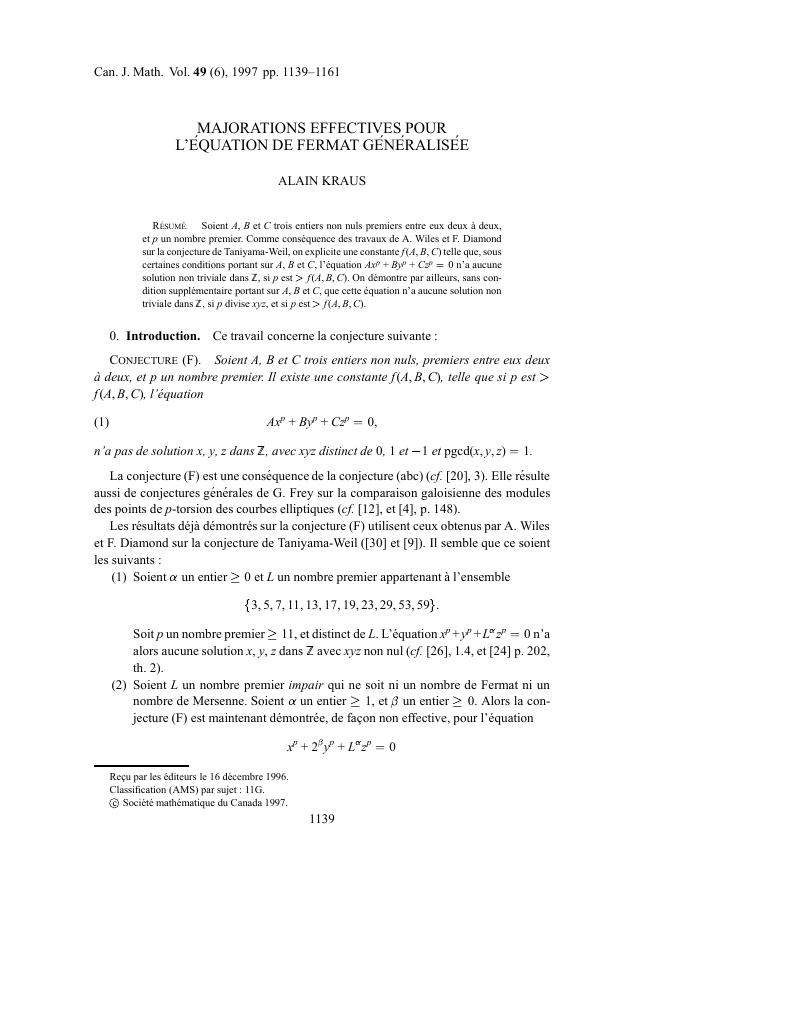 Majorations Effectives Pour La A Quation De Fermat Ga C Na C Ralisa C E Canadian Journal Of Mathematics Cambridge Core