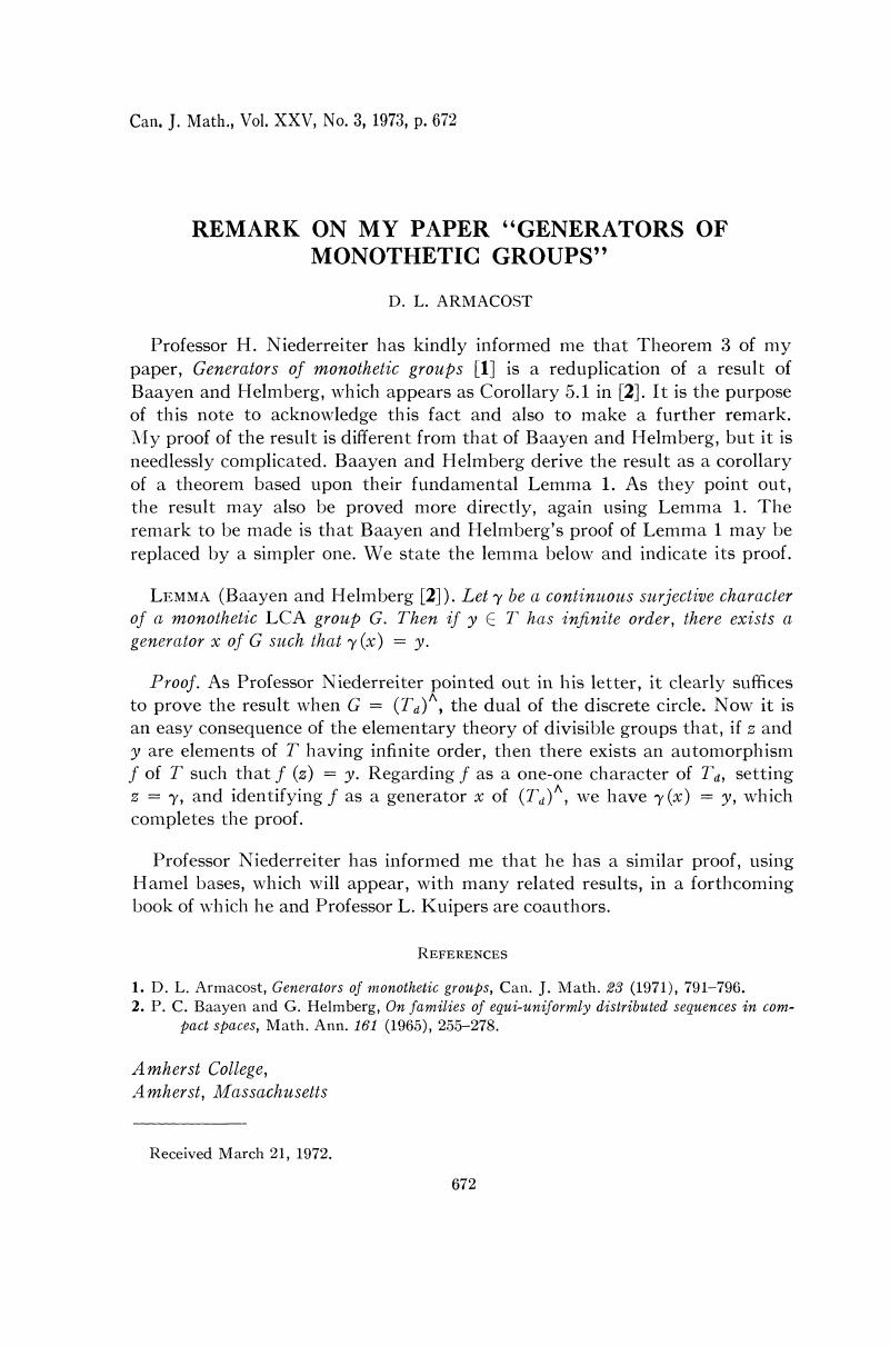 Remark On My Paper Generators Of Monothetic Groups Canadian Journal Of Mathematics Cambridge Core