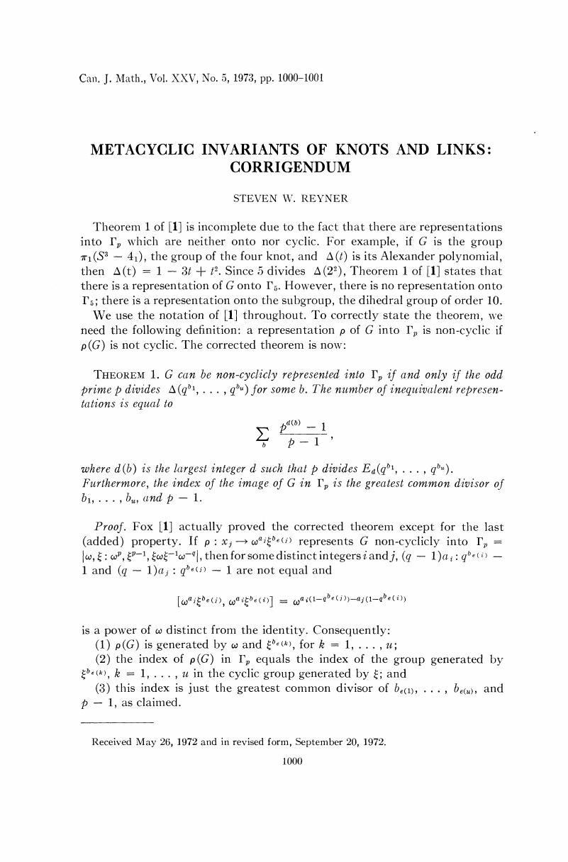 Metacyclic Invariants Of Knots And Links Corrigendum Canadian Journal Of Mathematics Cambridge Core