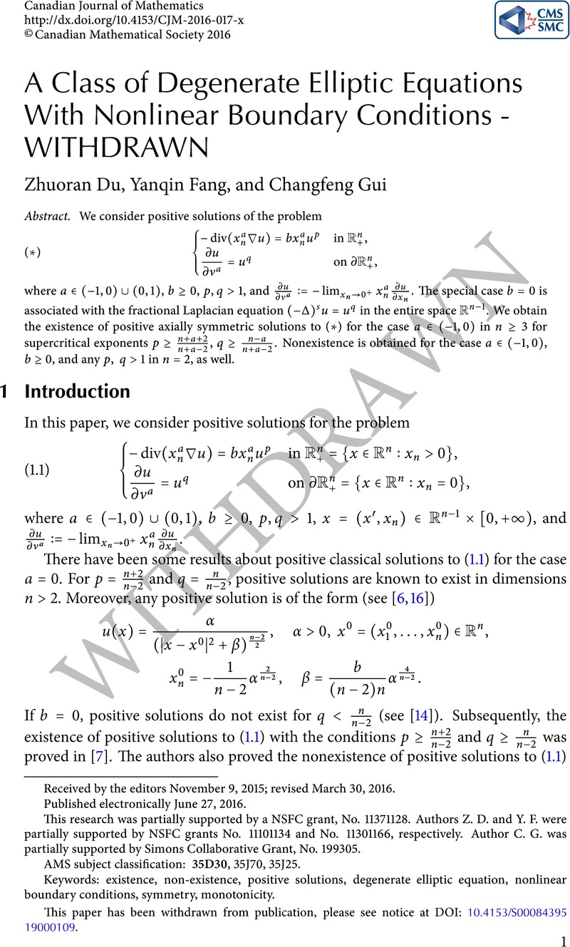 A Class Of Degenerate Elliptic Equations With Nonlinear Boundary Conditions Withdrawn Canadian Journal Of Mathematics Cambridge Core