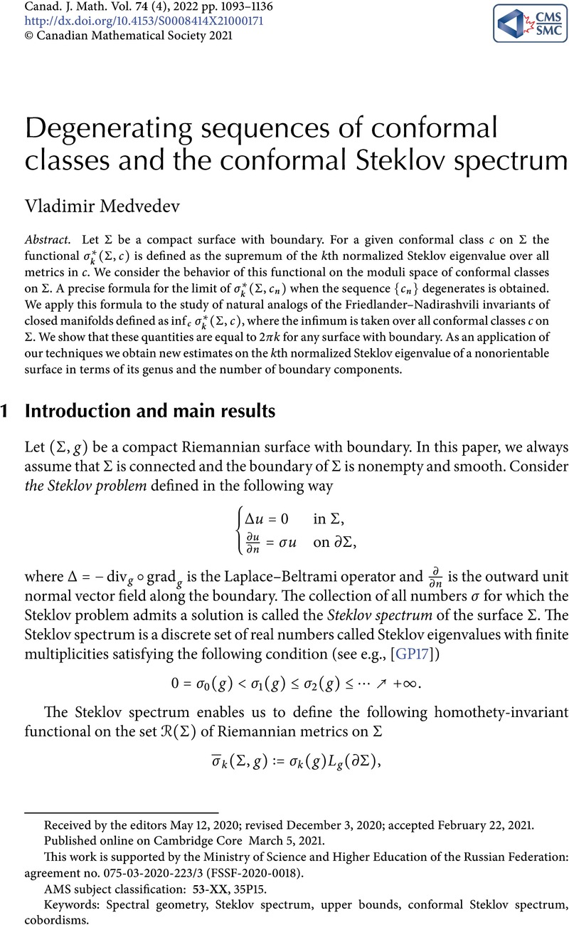 Degenerating Sequences Of Conformal Classes And The Conformal Steklov Spectrum Canadian Journal Of Mathematics Cambridge Core