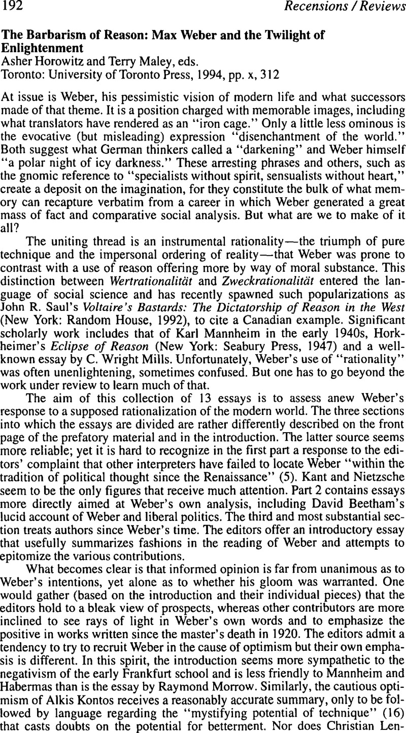 The Barbarism Of Reason Max Weber And The Twilight Of Enlightenmentasher Horowitz And Terry Maley Eds Toronto University Of Toronto Press 1994 Pp X 312 Canadian Journal Of Political Science Revue Canadienne