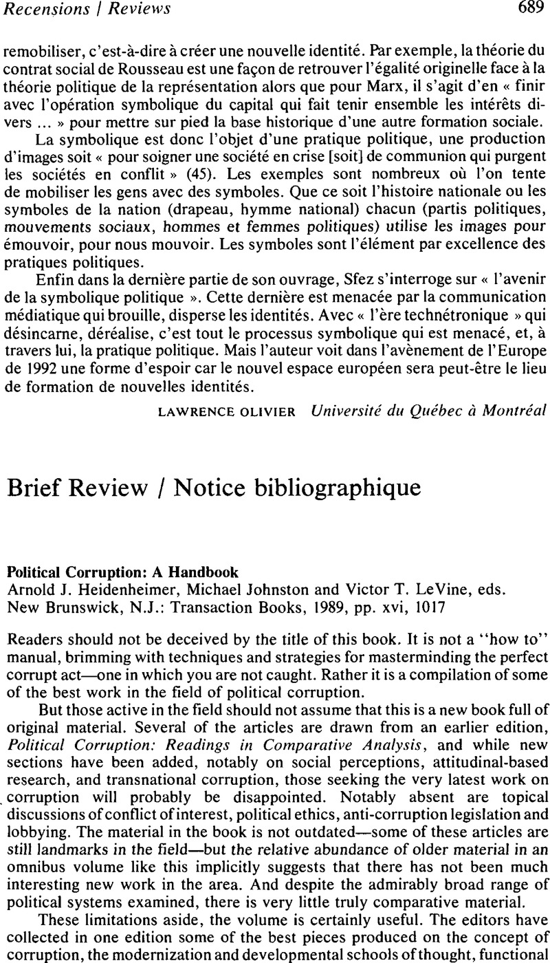 Political Corruption A Handbookarnold J Heidenheimer Michael Johnston And Victor T Levine Eds New Brunswick N J Transaction Books 19 Pp Xvi 1017 Canadian Journal Of Political Science Revue Canadienne De Science Politique