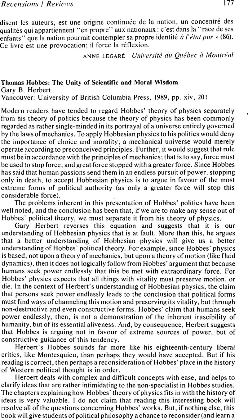 Thomas Hobbes The Unity Of Scientific And Moral Wisdomgary B Herbert Vancouver University Of British Columbia Press 19 Pp Xiv 1 Canadian Journal Of Political Science Revue Canadienne De Science Politique Cambridge Core