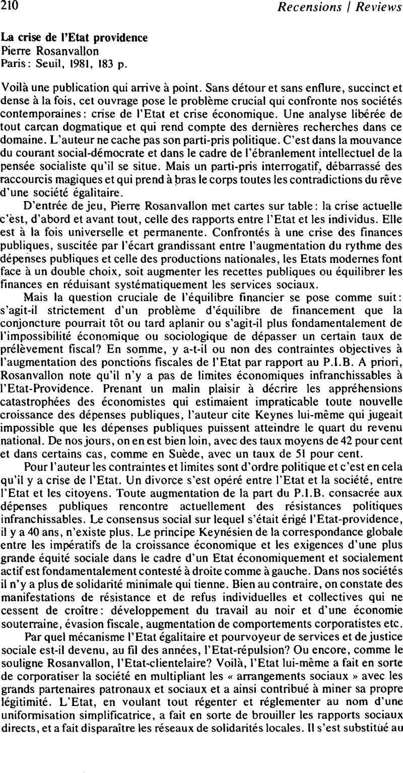 La Crise De L Etat Providencepierre Rosanvallon Paris Seuil 1981 1 P Canadian Journal Of Political Science Revue Canadienne De Science Politique Cambridge Core