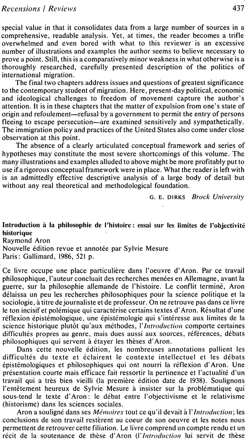 Introduction A La Philosophie De L Histoire Essai Sur Les Limites De L Objectivite Historiqueraymond Aron Nouvelle Edition Revue Et Annotee Par Sylvie Mesure Paris Gallimard 1986 521 Canadian Journal Of Political Science Revue