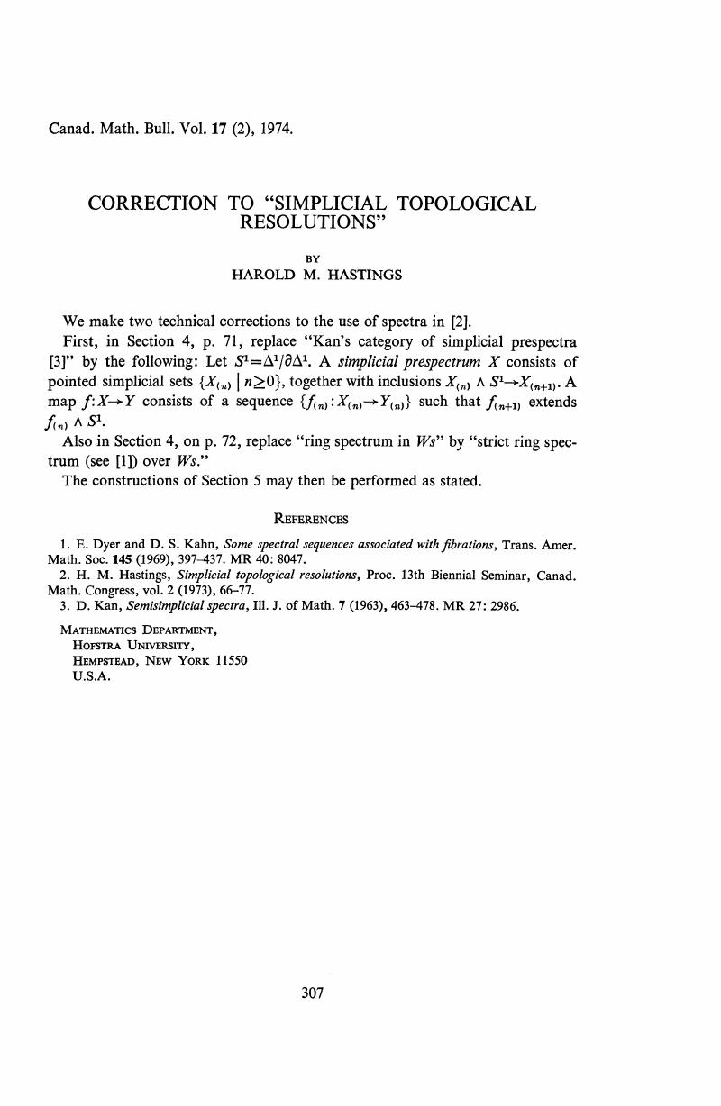 Correction To Simplicial Topological Resolutions Canadian Mathematical Bulletin Cambridge Core