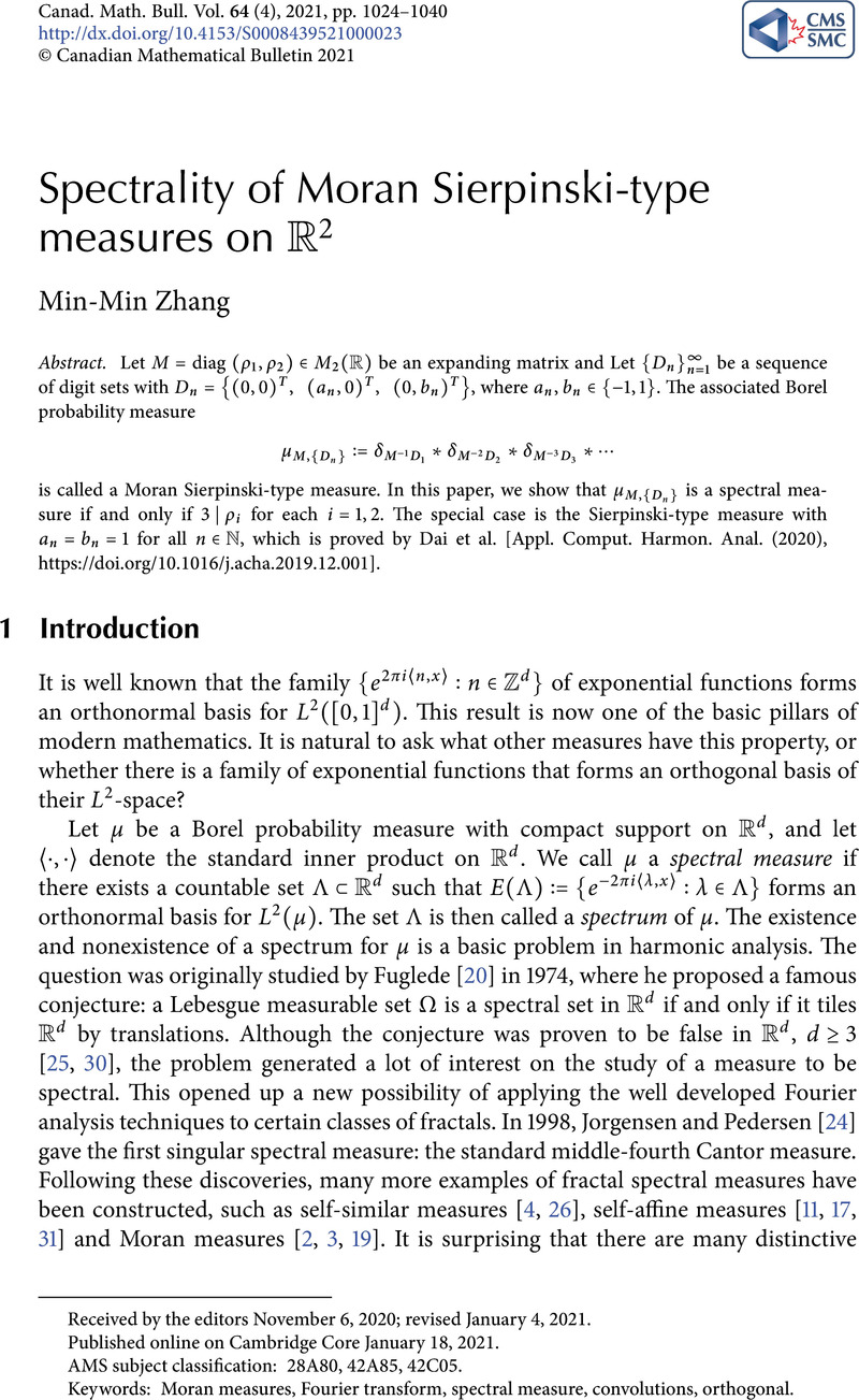 Spectrality Of Moran Sierpinski Type Measures On ℝ2 Canadian Mathematical Bulletin Cambridge Core