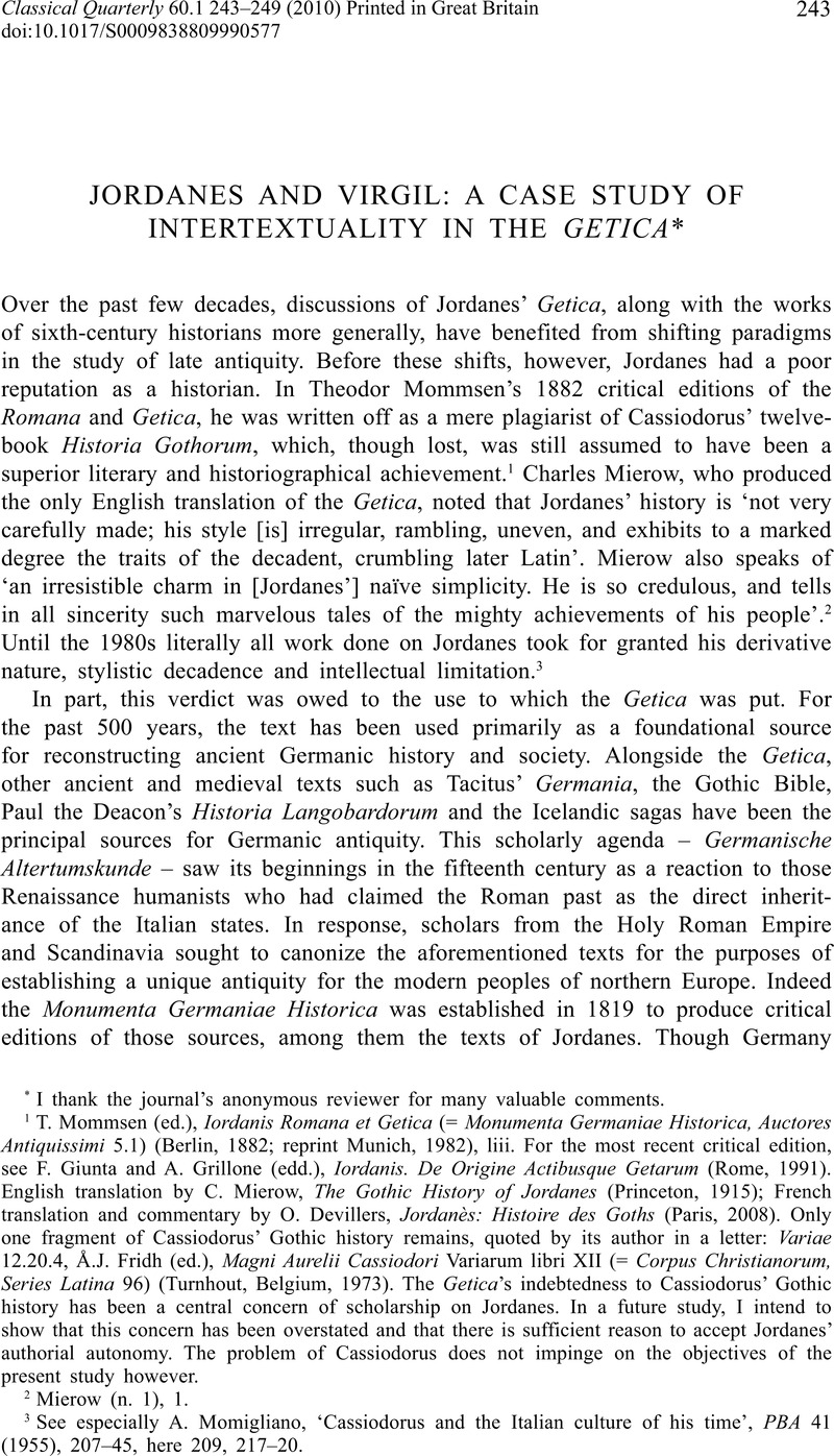 JORDANES VIRGIL: A CASE STUDY OF INTERTEXTUALITY THE GETICA* | The Classical Quarterly | Cambridge Core