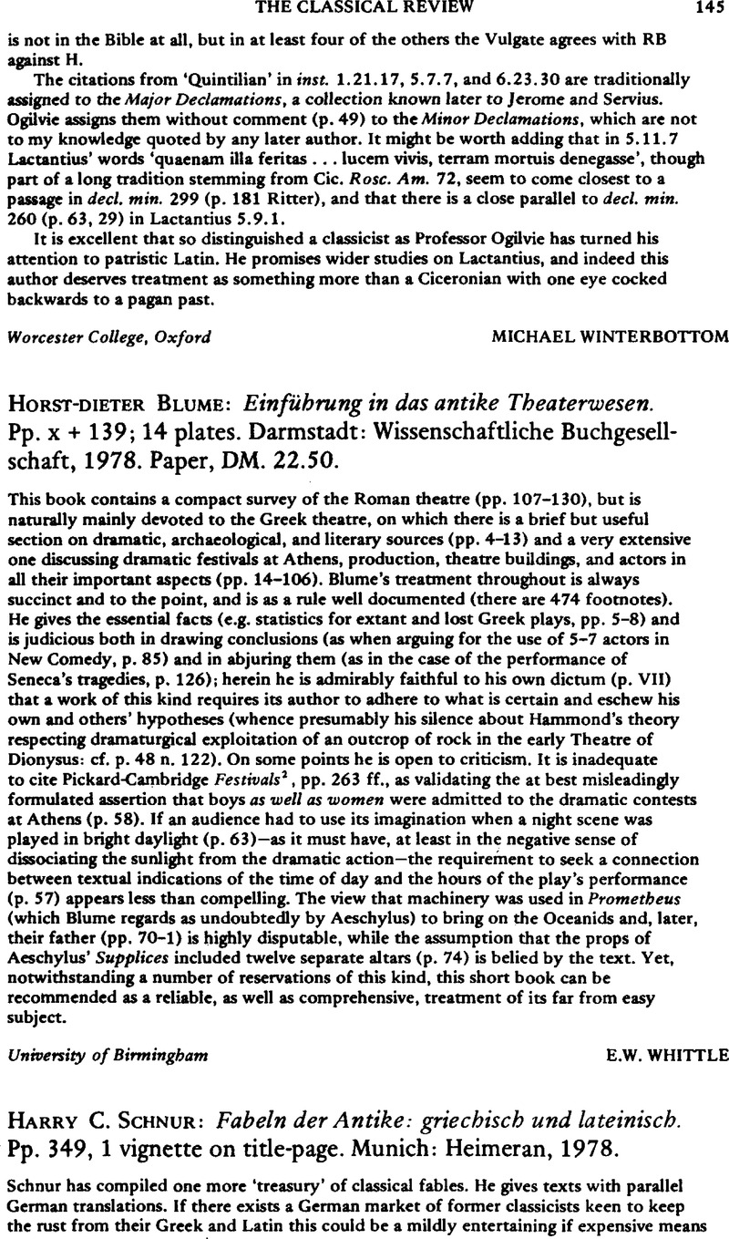 Horst-dieter Blume: Einfübrung in das antike Theaterwesen. Pp. x + 139; 14  plates. Darmstadt: Wissenschaftliche Buchgesellschaft, 1978. Paper, DM.  22.50., The Classical Review