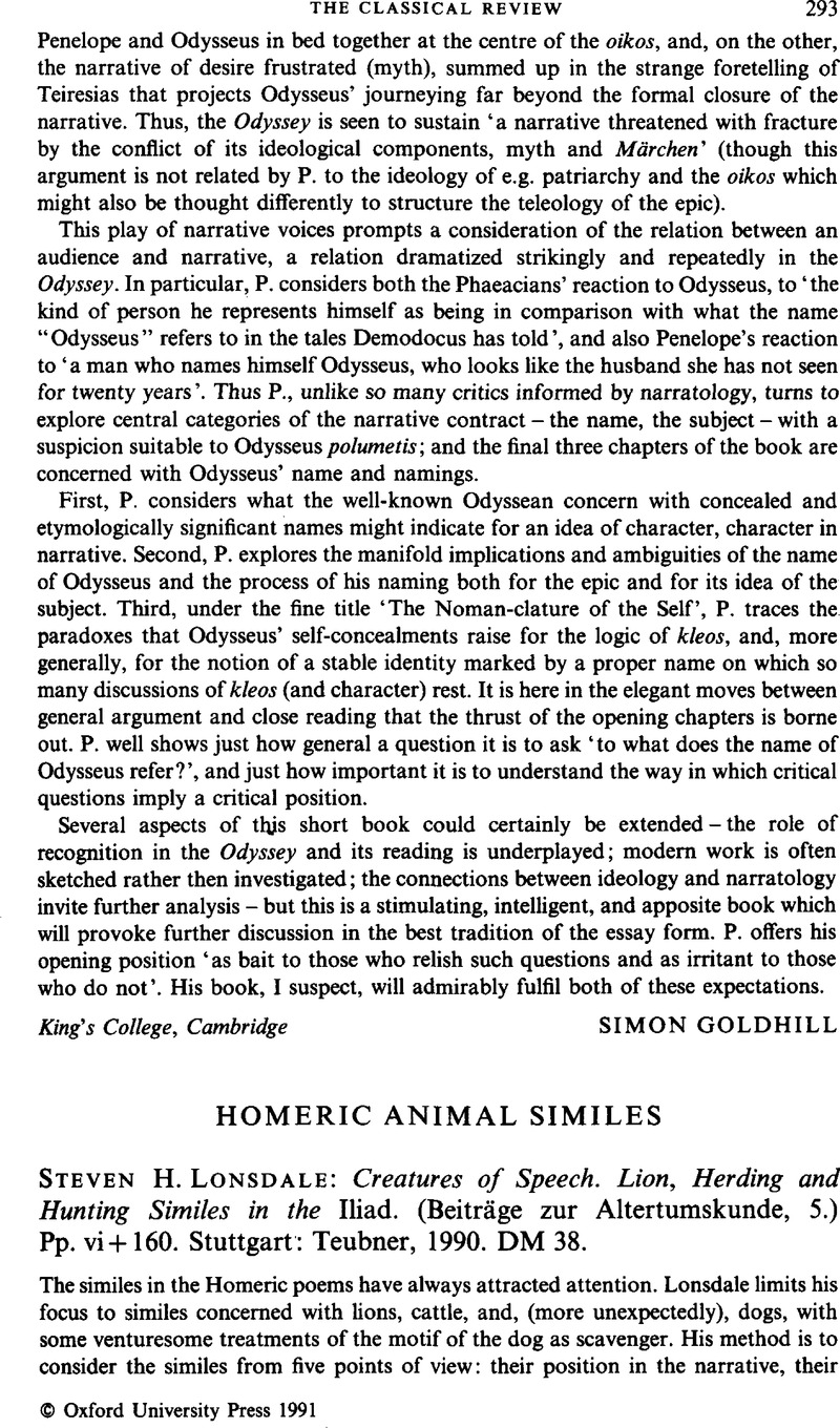 Homeric Animal Similes - Steven H. Lonsdale: Creatures of Speech. Lion,  Herding and Hunting Similes in the Iliad. (Beiträge zur Altertumskunde, 5.)  Pp. vi + 160. Stuttgart: Teubner, 1990. DM 38. | The Classical Review |  Cambridge Core
