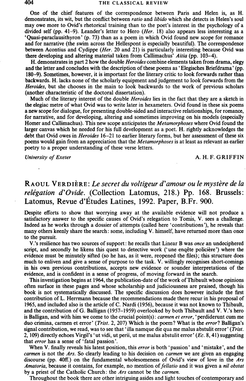 Raoul Verdiere Le Secret Du Voltigeur D Amour Ou Le Mystere De La Relegation D Ovide Collection Latomus 218 Pp 168 Brussels Latomus Revue D Etudes Latines 1992 Paper B Fr 900 The Classical Review