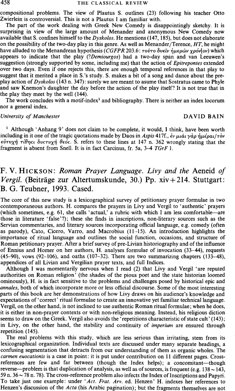 F V Hickson Roman Prayer Language Livy And The Aeneid Of Vergil Beitrage Zur Altertumskunde 30 Pp Xiv 214 Stuttgart B G Teubner 1993 Cased The Classical Review Cambridge Core
