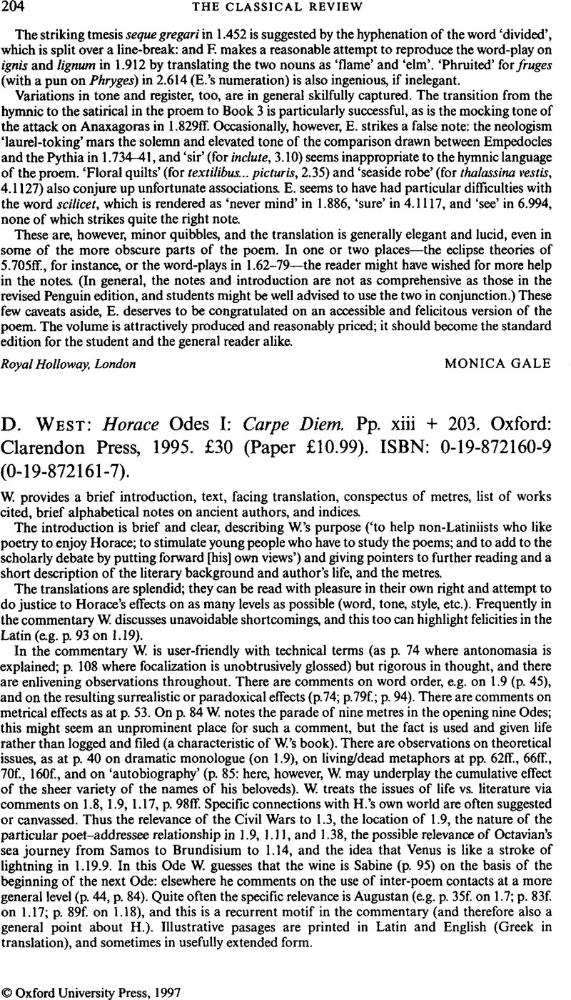 D West Horace Odes I Carpe Diem Pp Xiii 3 Oxford Clarendon Press 1995 30 Paper 10 99 Isbn 0 19 9 0 19 7 The Classical Review Cambridge Core