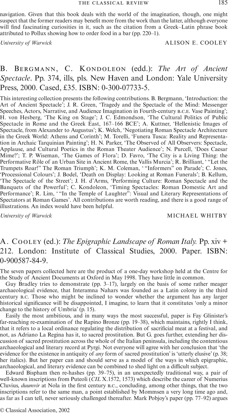 B Bergmann C Kondoleon Edd The Art Of Ancient Spectacle Pp 374 Ills Pls New Haven And London Yale University Press 00 Cased 35 Isbn 0 300 5 The Classical Review Cambridge Core