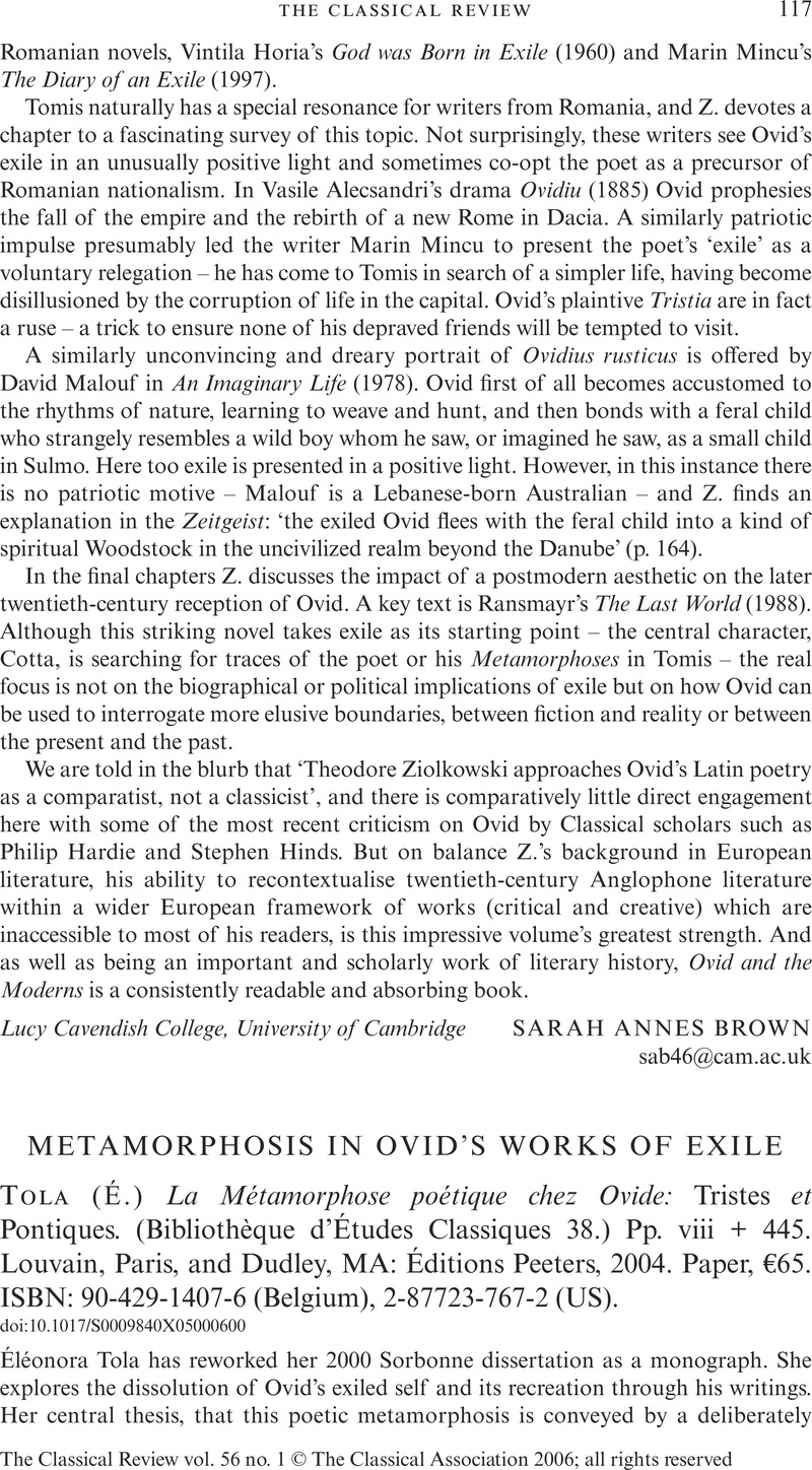 E Tola La Metamorphose Poetique Chez Ovide Tristes Et Pontiques Bibliotheque D Etudes Classiques 38 Pp Viii 445 Louvain Paris And Dudley Ma Editions Peeters 04 Paper 65 Isbn 90 429 1407 6 Belgium 2 767 2