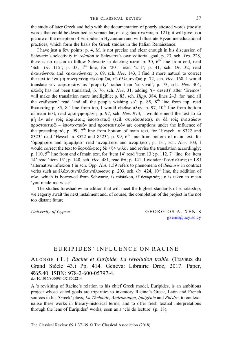 Euripides Influence On Racine T Alonge Racine Et Euripide La Revolution Trahie Travaux Du Grand Siecle 43 Pp 414 Geneva Librairie Droz 17 Paper 65 40 Isbn 978 2 600 4 The Classical Review Cambridge Core