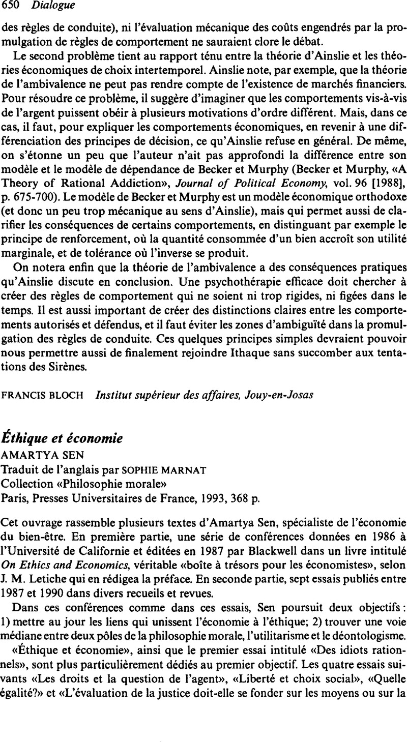 Ethique Et Economieamartya Sen Traduit De L Anglais Par Sophie Marnat Collection Philosophie Morale Paris Presses Universitaires De France 1993 368 P Dialogue Canadian Philosophical Review Revue Canadienne De Philosophie Cambridge Core