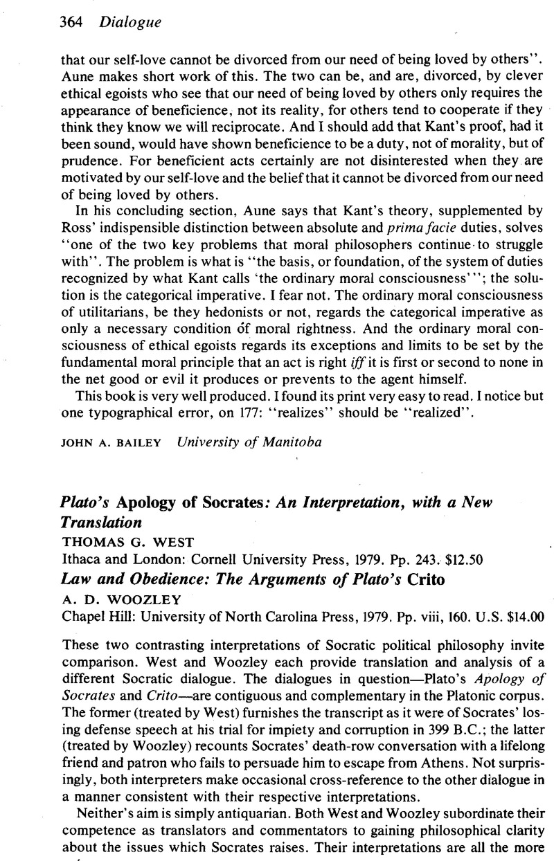 Platos Apology Of Socrates An Interpretation With A New Translationthomas G West Ithaca And London Cornell University Press 1979 Pp 243 1250 - Law And Obedience The Arguments Of Platos Critoa D