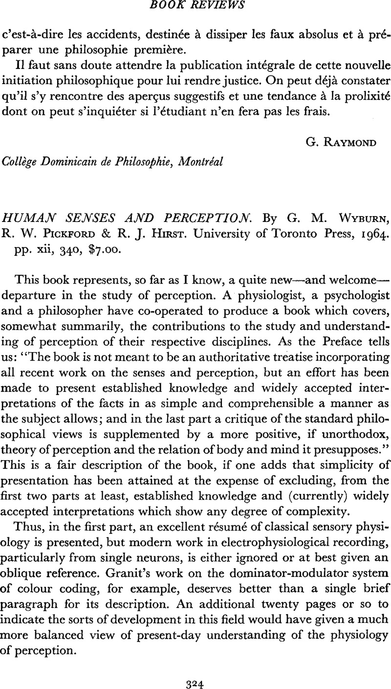 Human Senses And Perception By G M Wyburn R W Pickford R J Hirst University Of Toronto Press 1964 Pp Xii 340 7 00 Dialogue Canadian Philosophical Review Revue Canadienne De Philosophie Cambridge Core