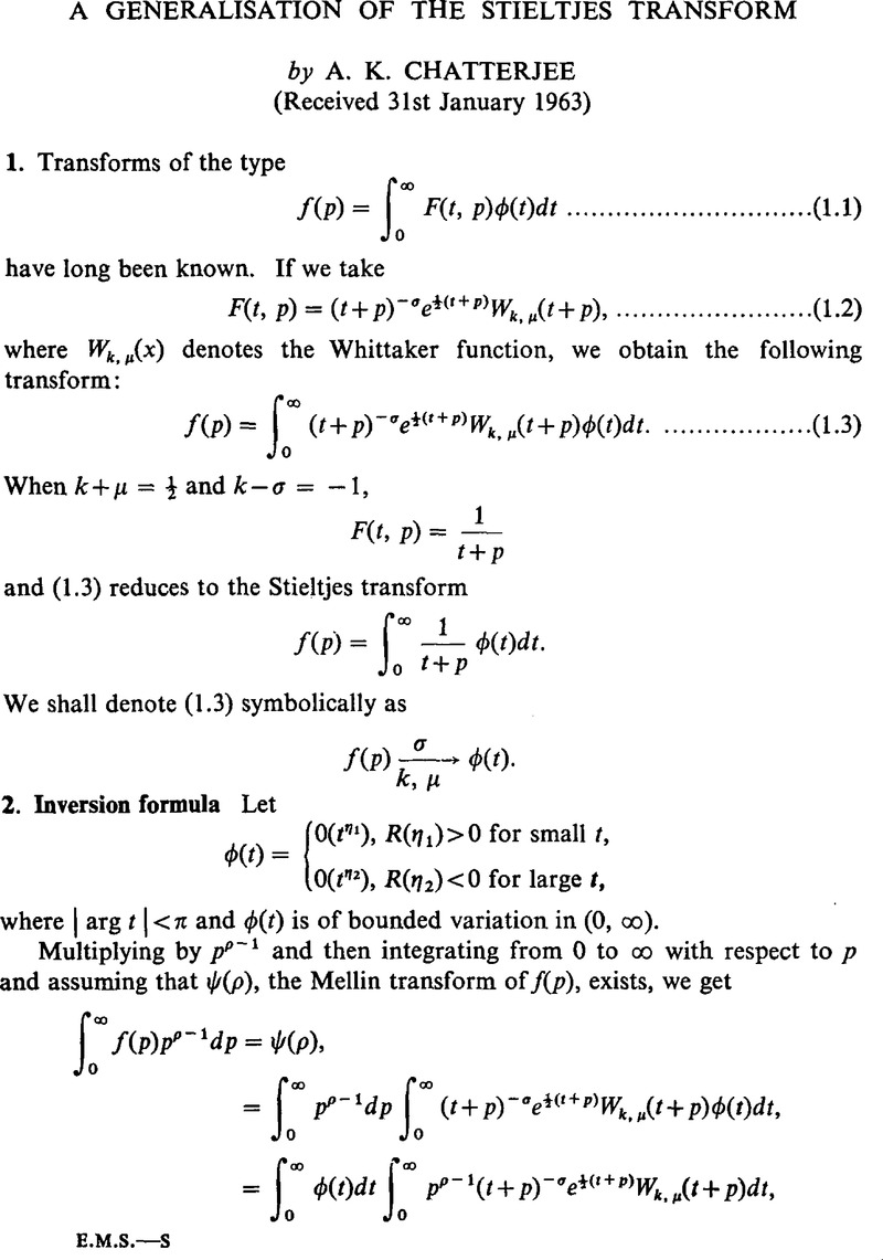 A Generalisation Of The Stieltjes Transform Proceedings Of The Edinburgh Mathematical Society Cambridge Core