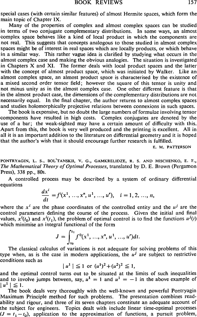 L S Pontryagin V G Bol Tanskii R S Gamkrelidze And E F Mischenko The Mathematical Theory Of Optimal Processes Translated By D E Brown Pergamon Press 338 Pp 80s Proceedings Of