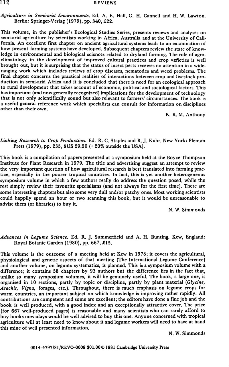 Agriculture In Semi Arid Environments Ed A E Hall G H Cannell And H W Lawton Berlin Springer Verlag 1979 Pp 340 22 Experimental Agriculture Cambridge Core