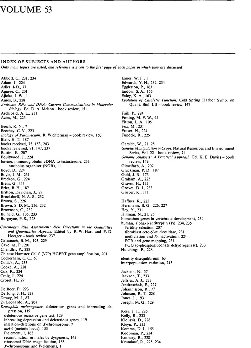 Index Of Subjects And Authors Genetics Research Cambridge Core