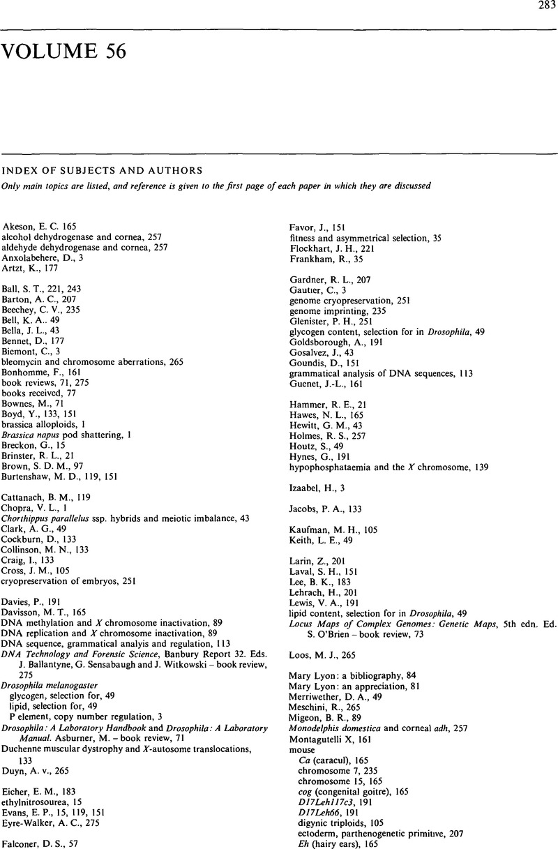 Index Of Subjects And Authors Genetics Research Cambridge Core