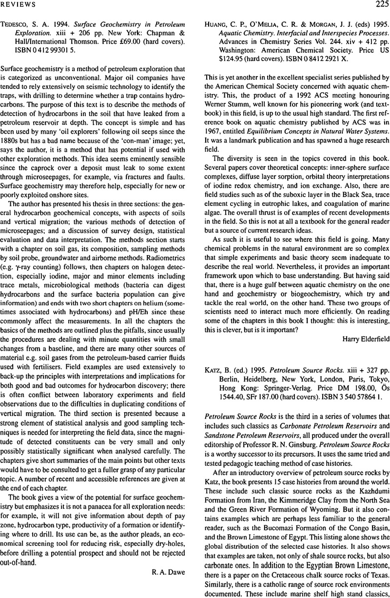 Huang C P O Melia C R Morgan J J Eds 1995 Aquatic Chemistry Interfacial And Interspecies Processes Advances In Chemistry Series Vol 244 Xiv 412 Pp Washington American Chemical Society