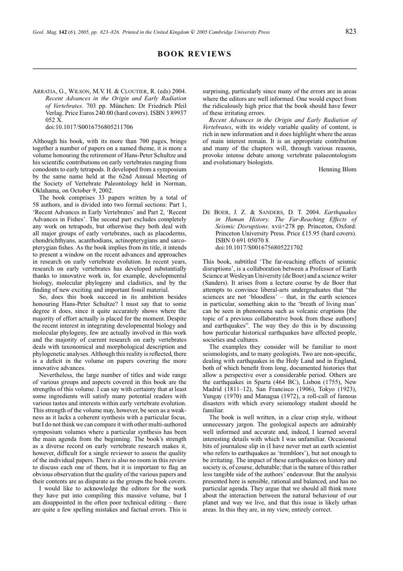 Arratia G Wilson M V H Cloutier R Eds 04 Recent Advances In The Origin And Early Radiation Of Vertebrates 703 Pp Munchen Dr Friedrich Pfeil Verlag Price Euros 240 00 Hard