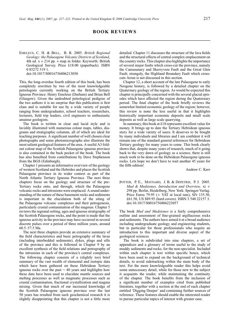 Potter P E Maynard J B Depetris P J 05 Mud Mudstones Introduction And Overview Xi 298 Pp Berlin Heidelberg New York Springer Verlag Price Euros 79 95 Vat At Local