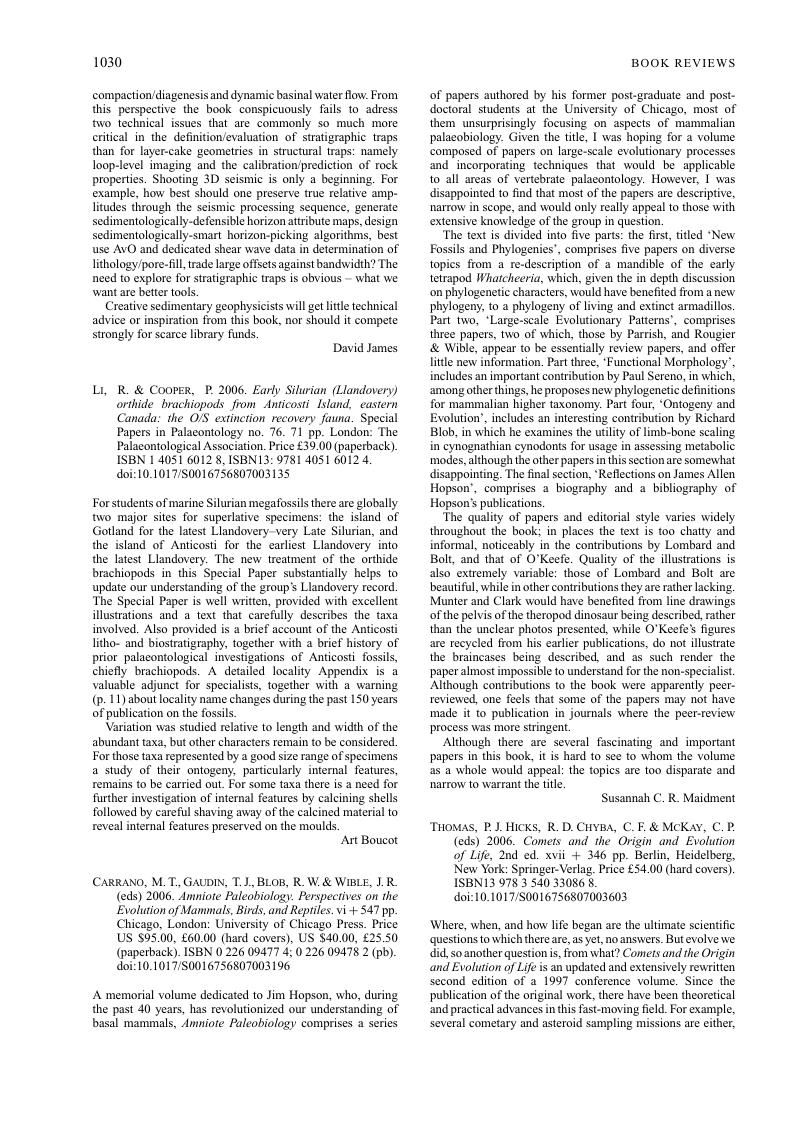M T Carrano T J Gaudin R W Blob J R Wible Eds 06 Amniote Paleobiology Perspectives On The Evolution Of Mammals Birds And Reptiles Vi 547 Pp Chicago London