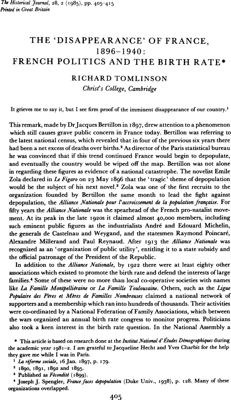 The Disappearance Of France 1896 1940 French Politics And The Birth Rate The Historical Journal Cambridge Core