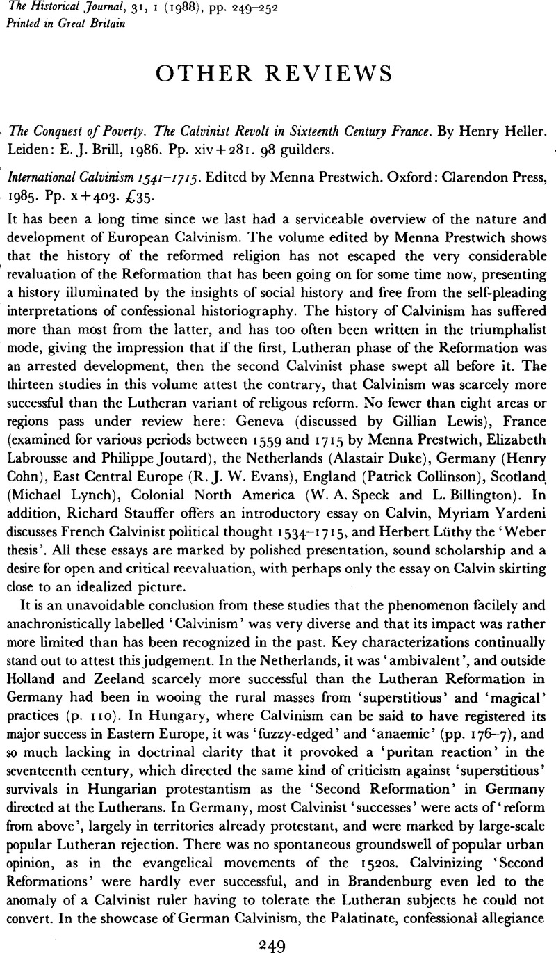 The Conquest Of Poverty The Calvinist Revolt In Sixteenth Century France By Henry Heller Leiden E J Brill 1986 Pp Xiv 281 98 Guilders International Calvinism 1541 1715 Edited By Menna